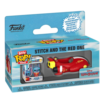 Verpackte Lilo & Stitch Bitty POP! Rides Vinylfigur – Stitch in seinem roten Raumschiff ‚The Red One‘, in originaler Funko-Box mit Sichtfenster.